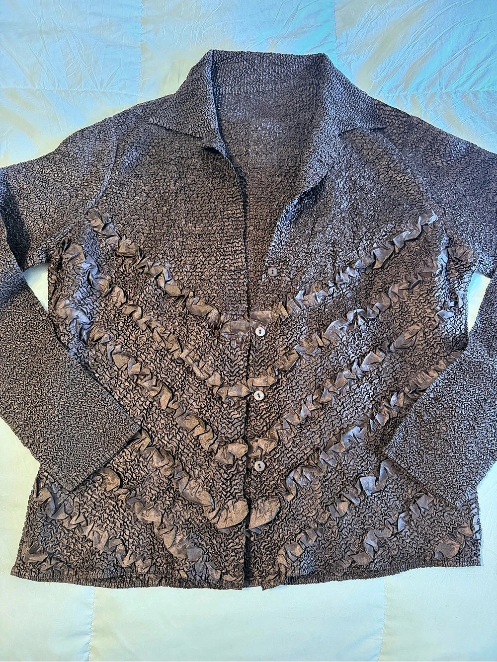 Y2K Chocolate Brown Vintage Ruffle Popcorn Button Down Shirt
